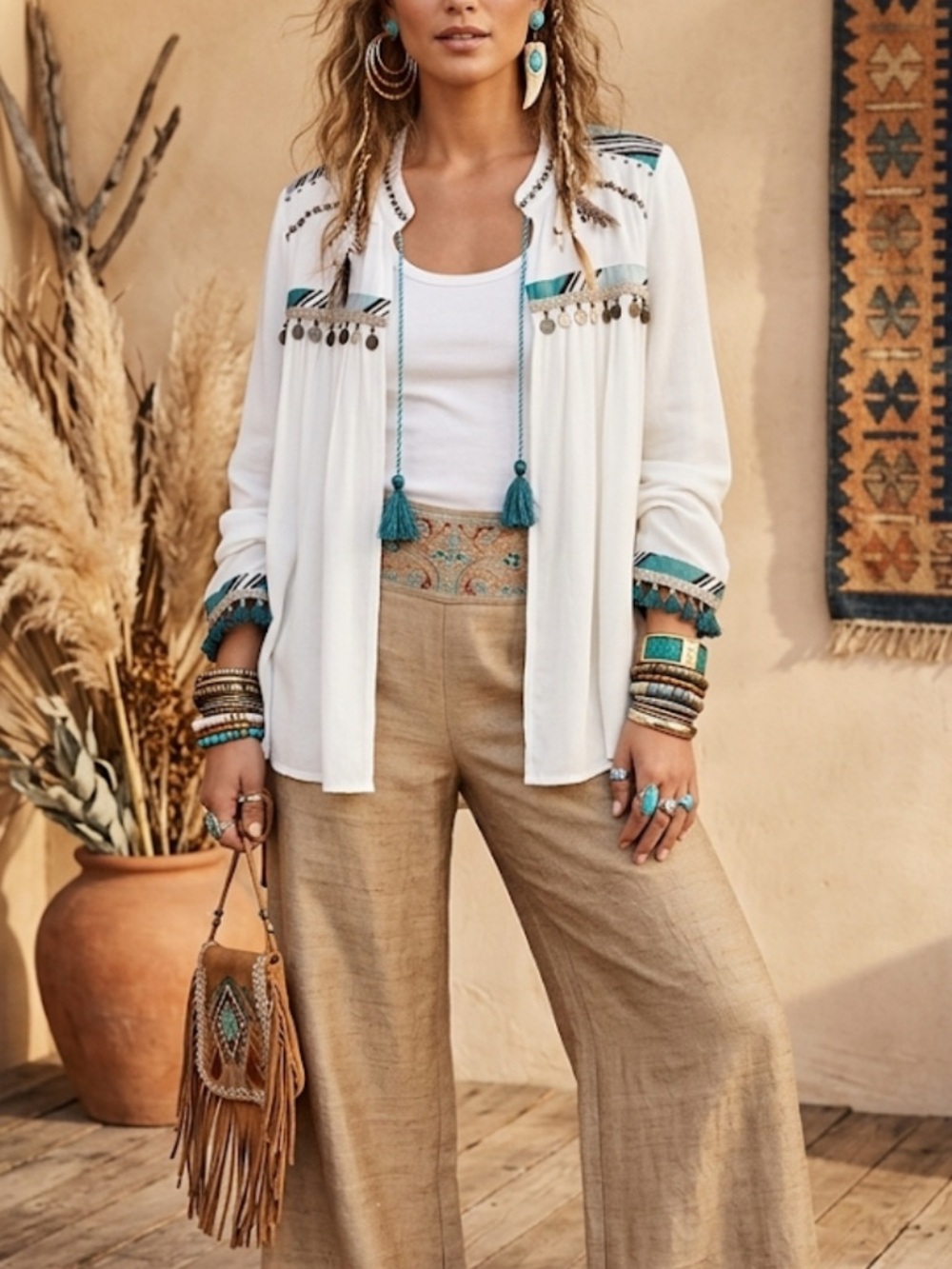 Chico’s Jacket M White Embellished Open Tie Front Tassel Fringe Lined Boho